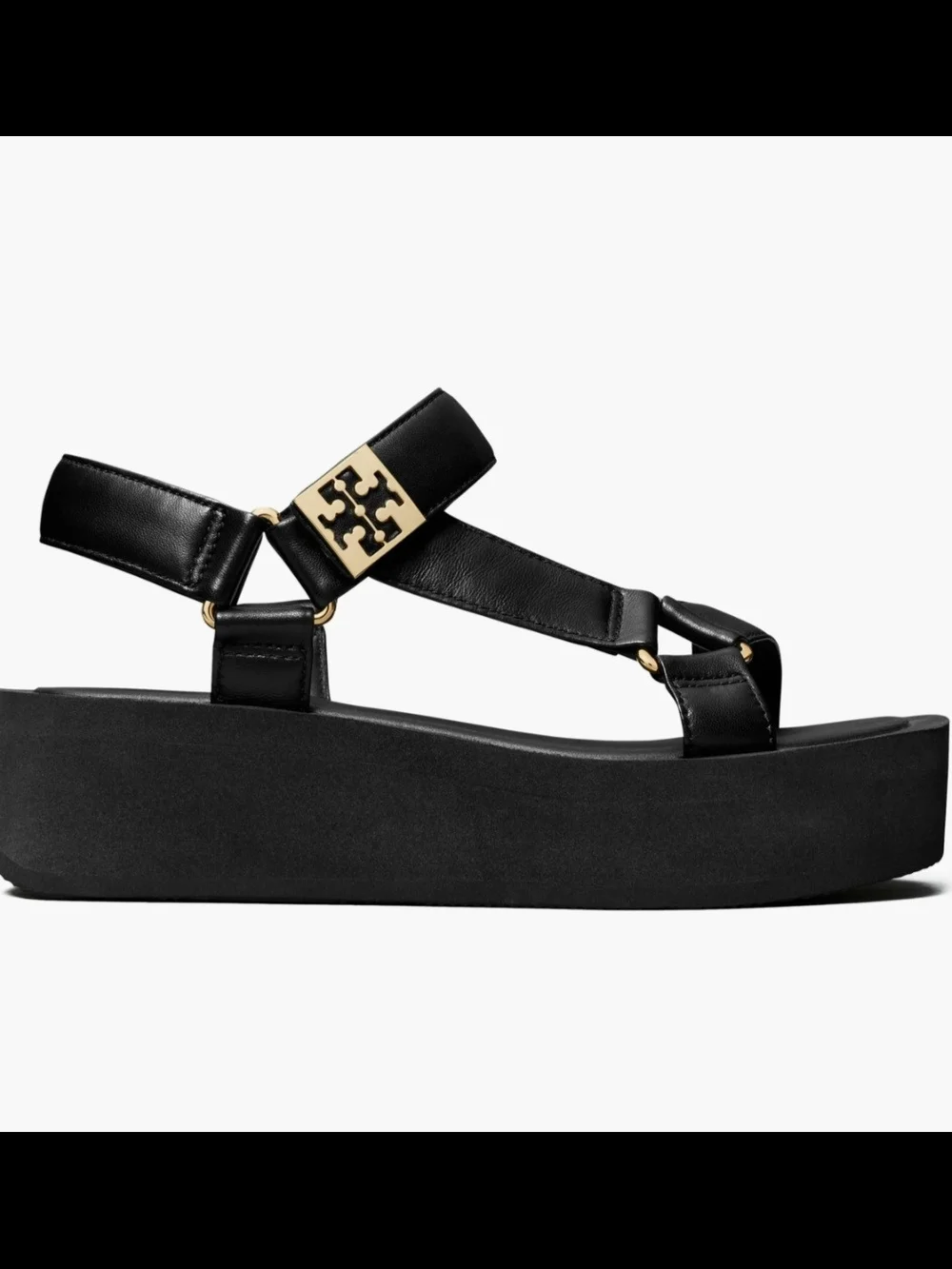 Tory Burch Black Leather Platform Sandals with Gold Logo Accent